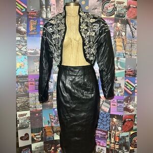 Vintage Embellished Black Leather Jacket and skirt